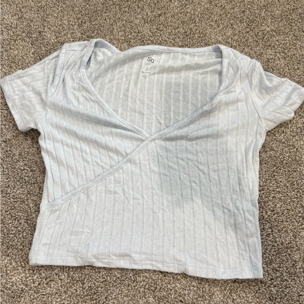 SO Baby Blue Ribbed Crop Wrap T-Shirt